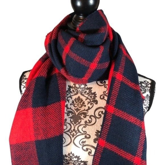 Topshop Scarf Red Blue Gingham Buffalo Check Plaid Oversized Fringe Wrap - Picture 3 of 4